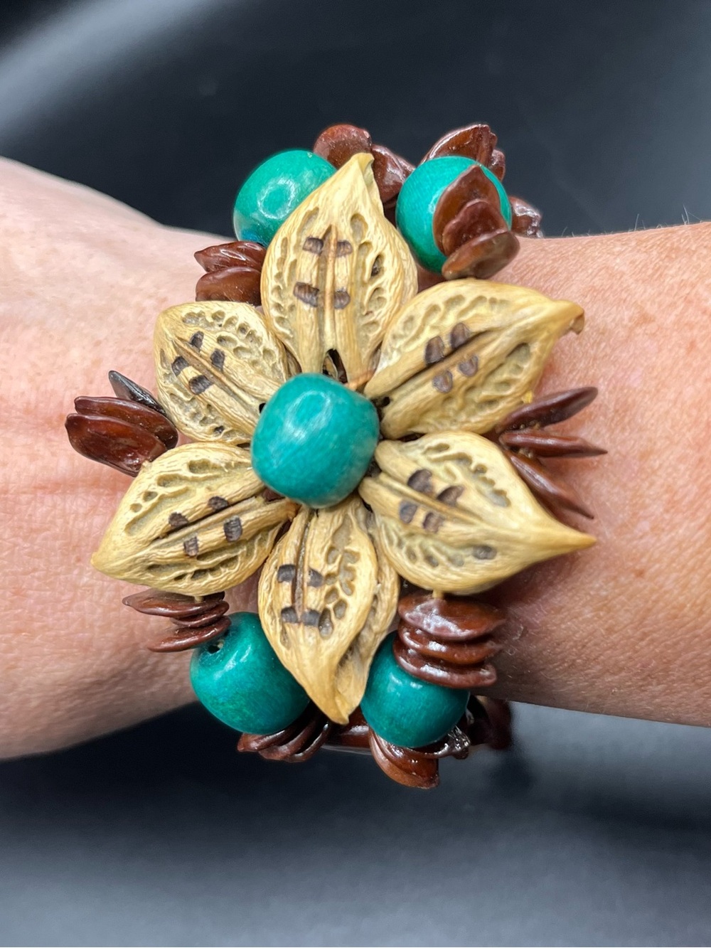 Handcrafted Turquoise and Natural Seed Flower Bracelet